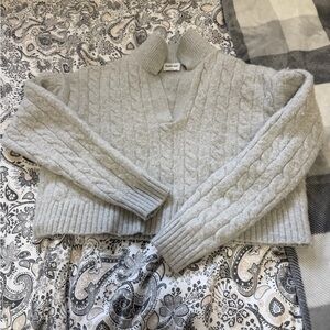 Sunday Best Light Gray Cable Knit V-Neck Sweater